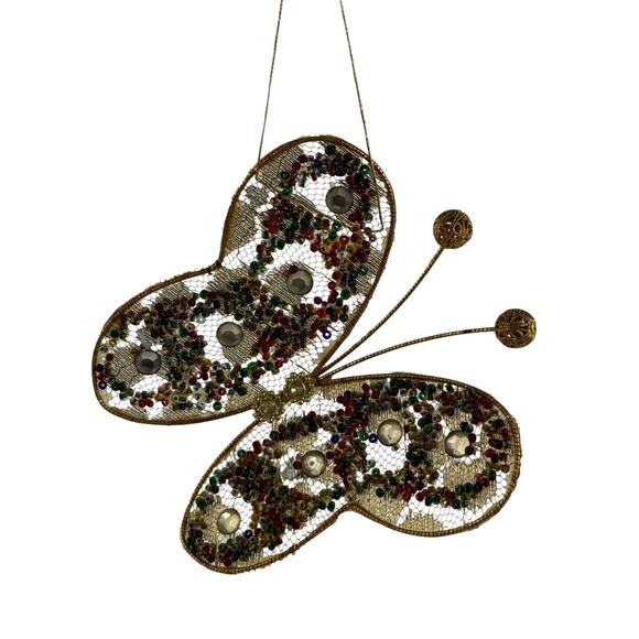 Vintage Gold Beaded Butterfly Christmas Ornament Mesh Hanging - Picture 5 of 15